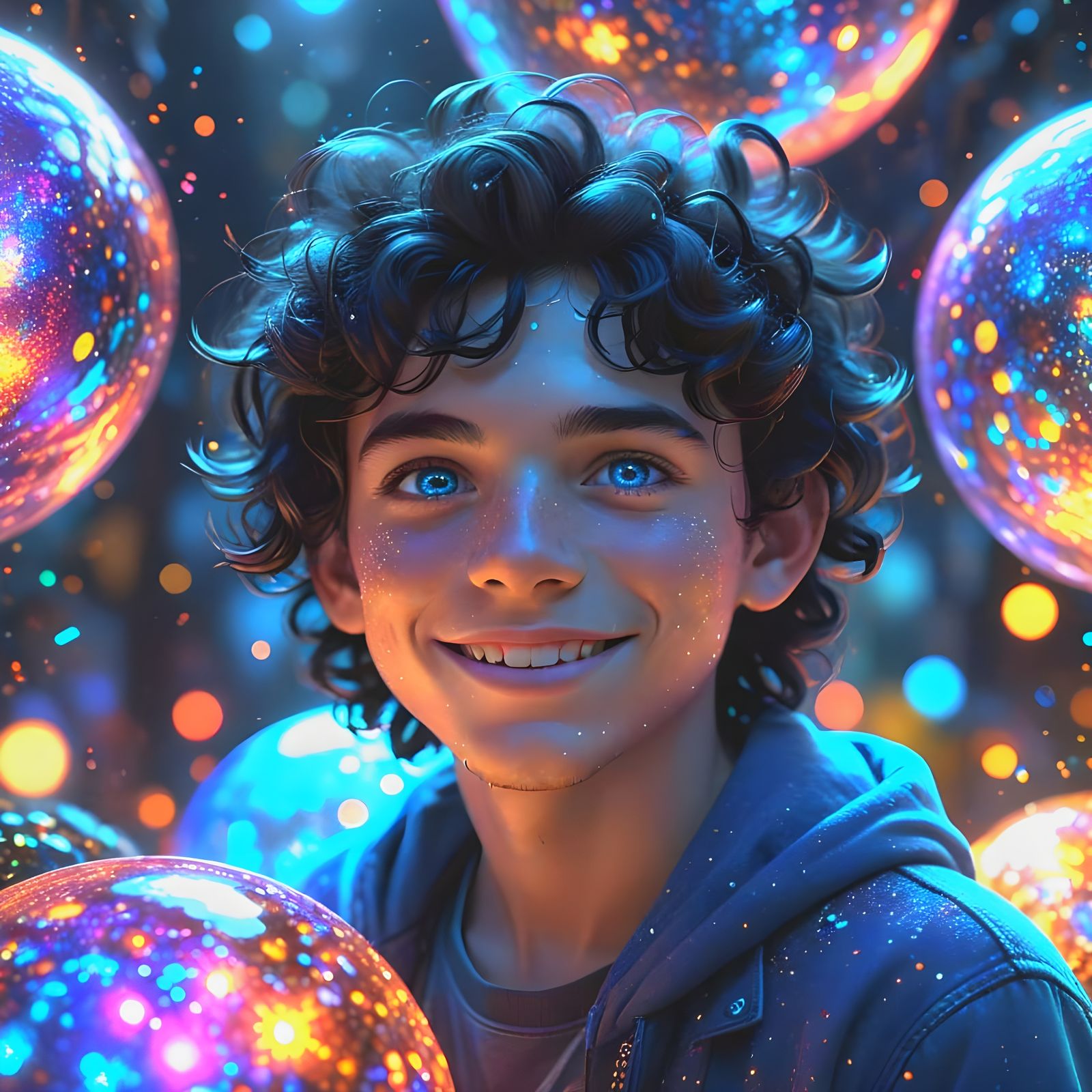 Boy Watches Vibrant Iridescent Globes in Wonder