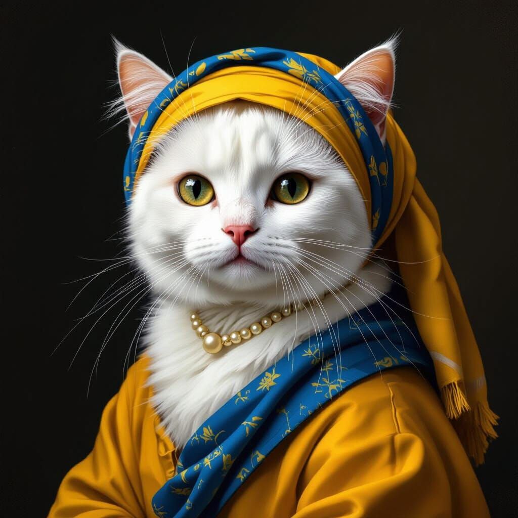 Cute Cat in Vermeer Style Digital Artwork