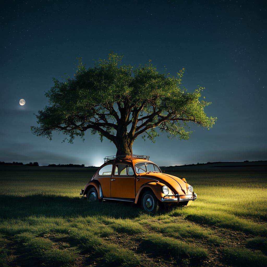 Moonlit Tree Grows From Rusted VW Beetle
