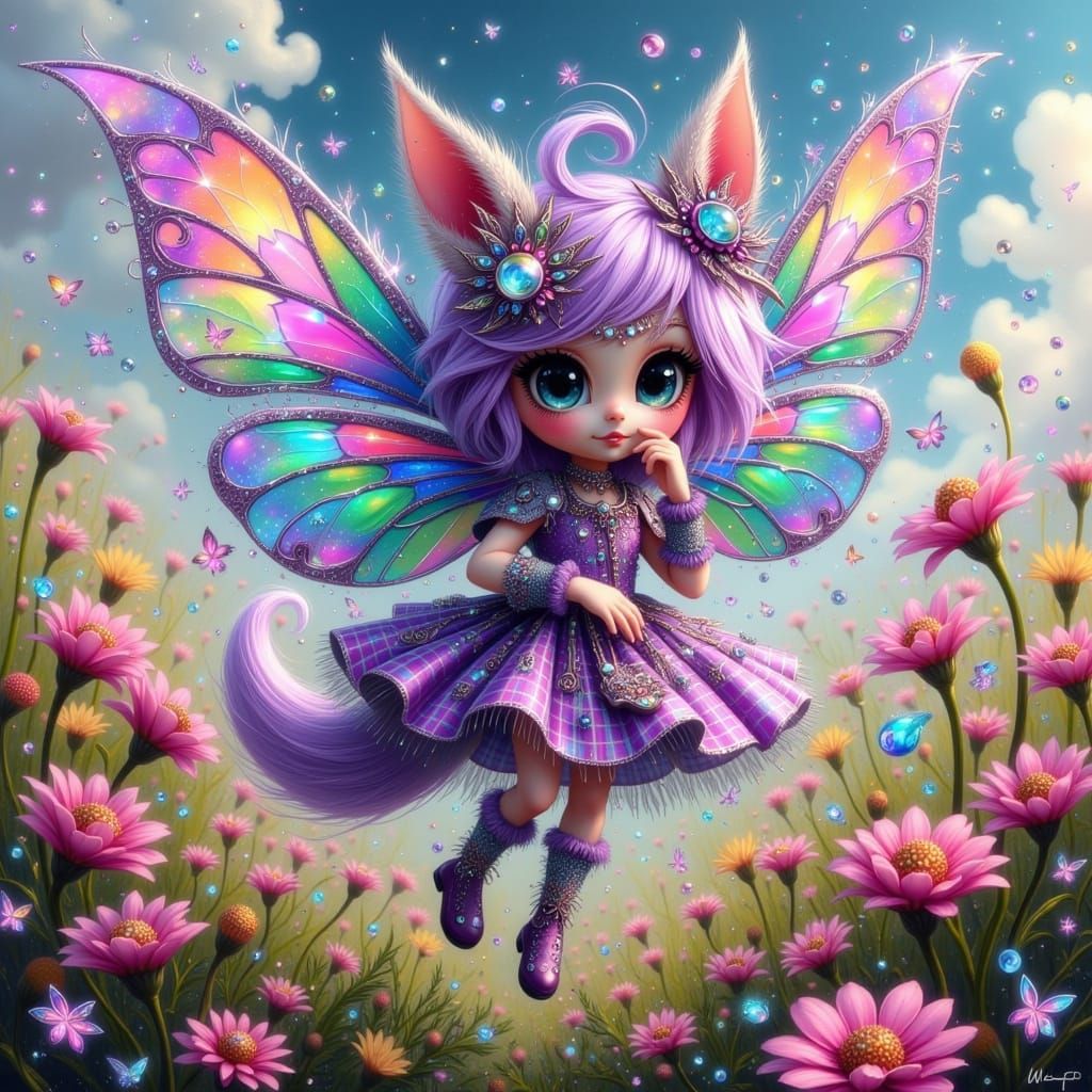 Whimsical Fae in Vibrant Purple Gingham with Opalescent Wing...