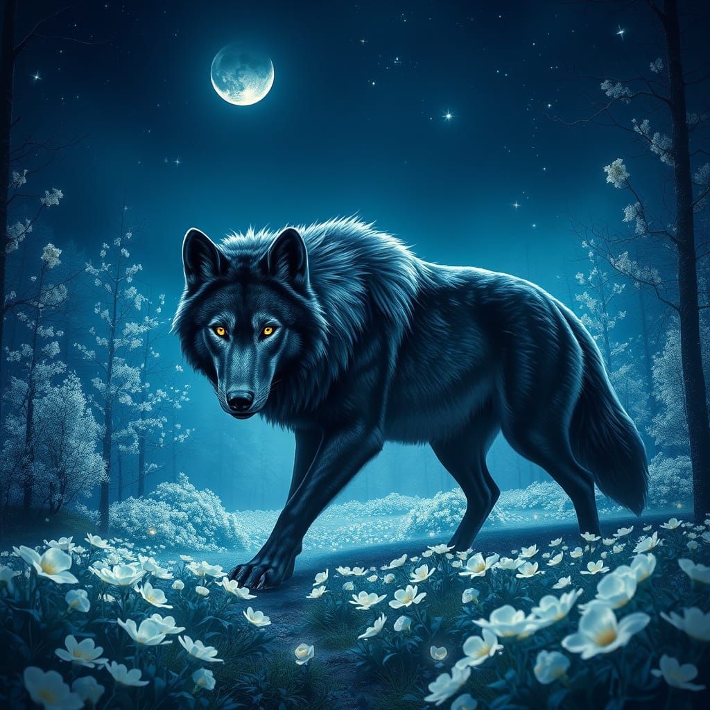 Majestic Wolf Embarks on a Lunar Odyssey Amidst Blooming Whi...