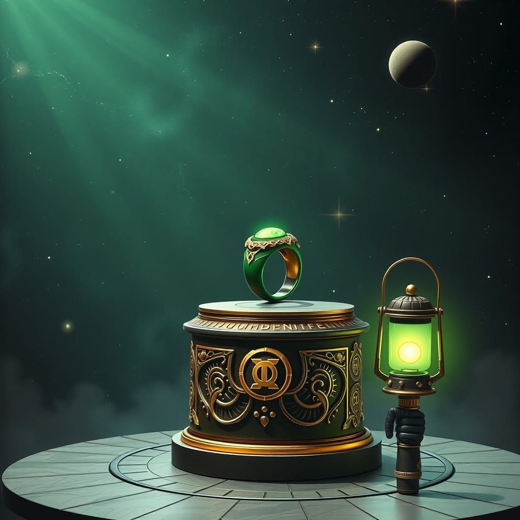 Green Lantern Ring Rests on Pedestal in Cosmic Space