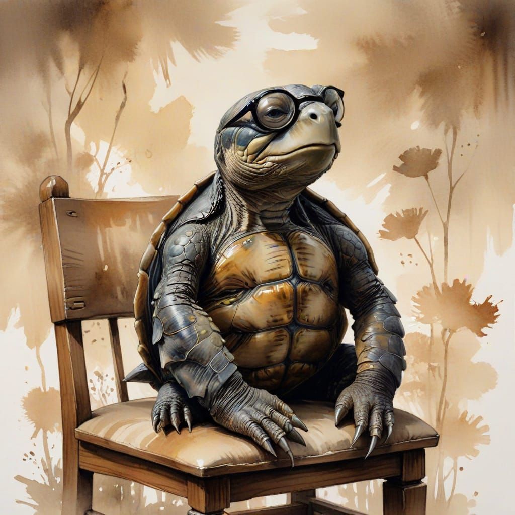 Melancholic Turtle in Sumi-e Ink Painting