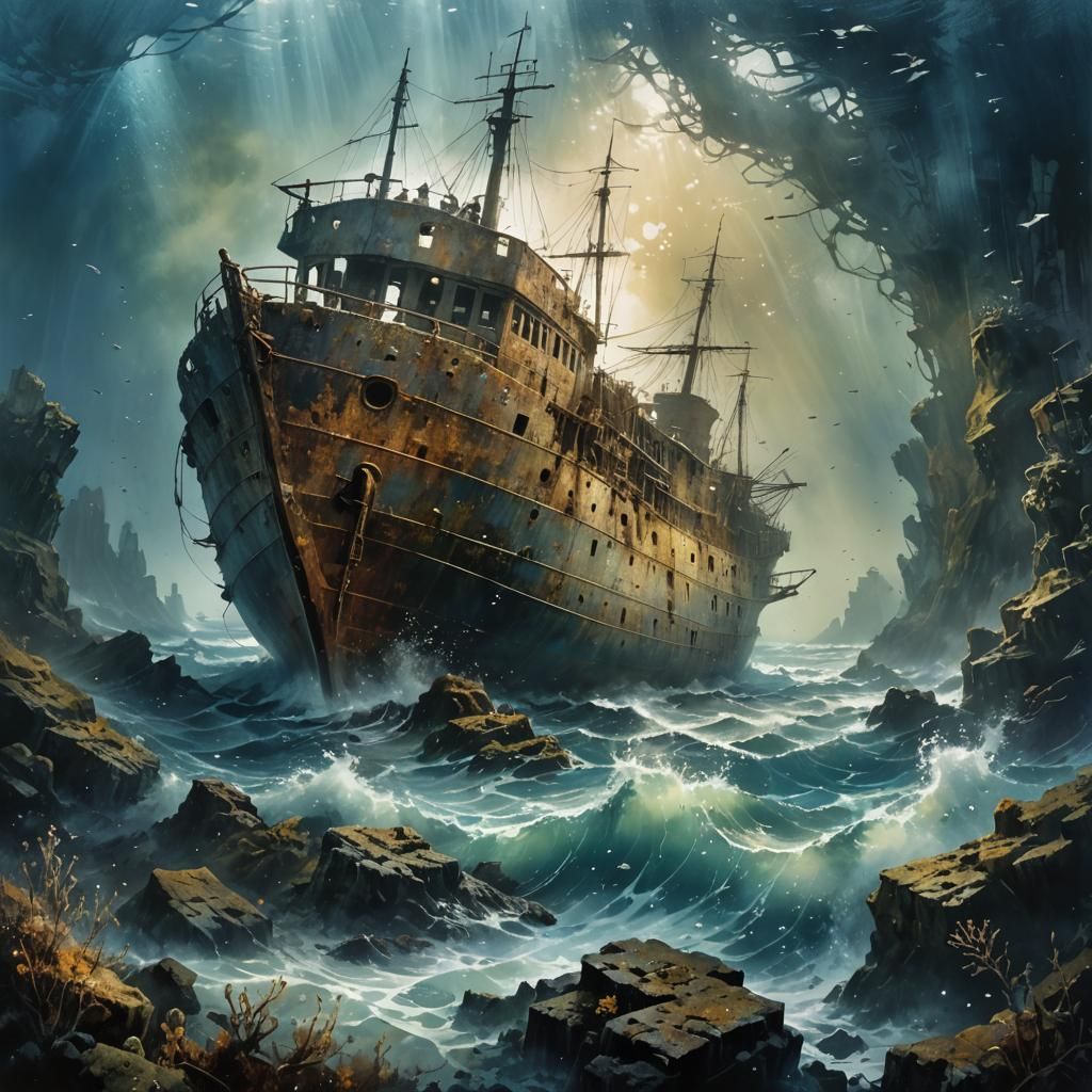 Detailed Underwater Shipwreck in Watercolor Style