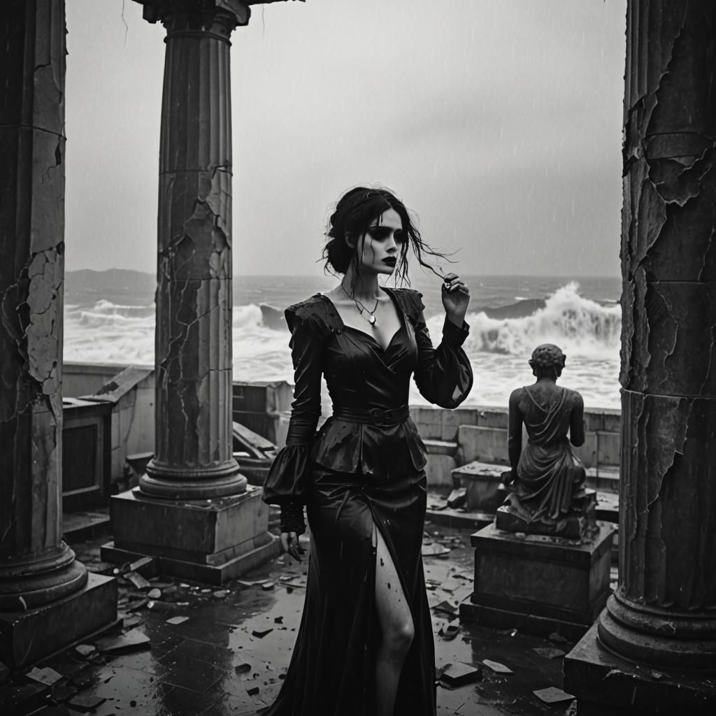 Goth Model in Ruined Coffee Shop, Black and White Photograph...