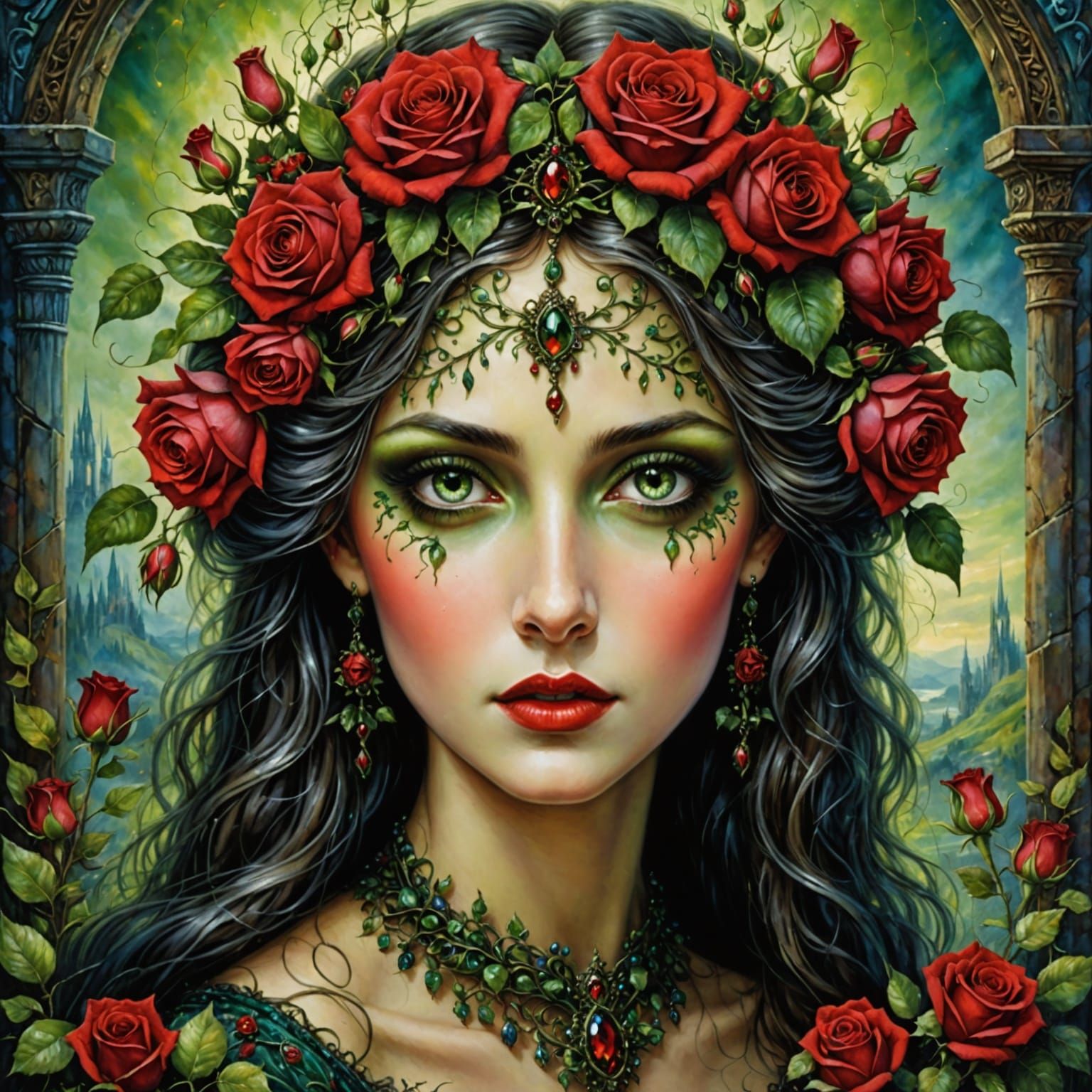 painting of a beautiful romantic gothic lady, with big green eyes, long eyelashes, red lips, with red roses in her hair,...