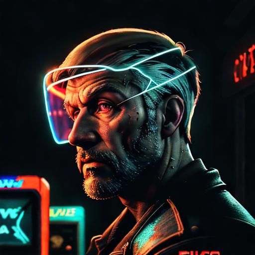 Distressed Gamer in Retro Arcade: Cinematic Film Still