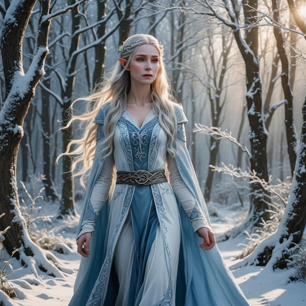 Elven Princess in Winter Forest, Ethereal Fantasy