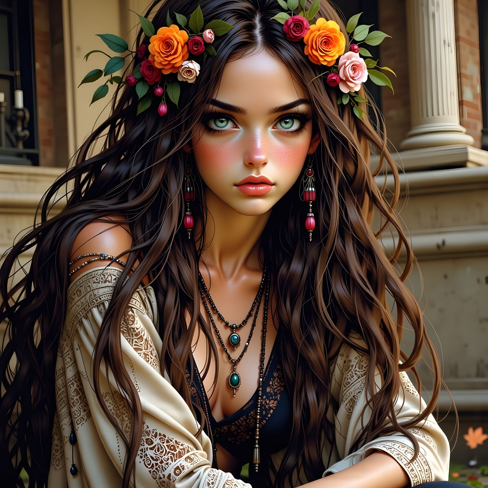 Beautiful Witch in Autumn Courtyard, Photorealistic Art