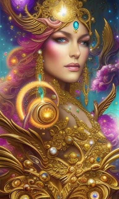 Gold Galaxy Angel in Hyperrealistic Style