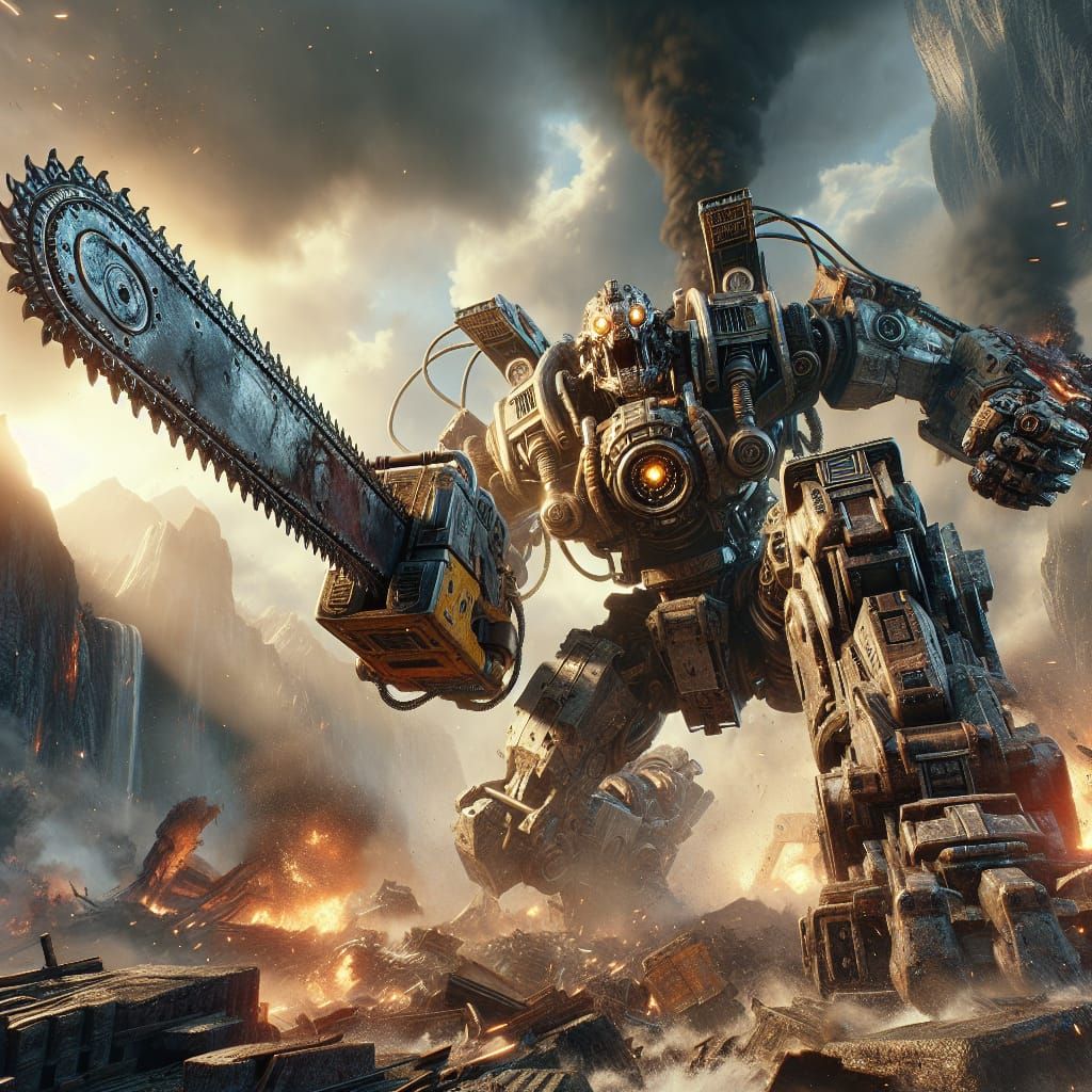 Chainsaw Mech Battles Monster in 3D Game Style