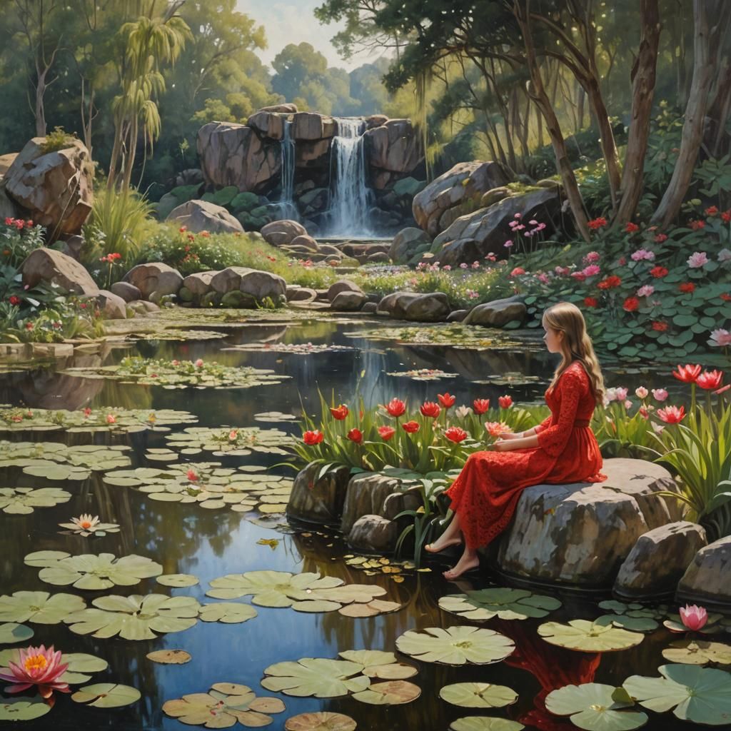 Girls Collecting Lilies by Waterfall, Oil Painting