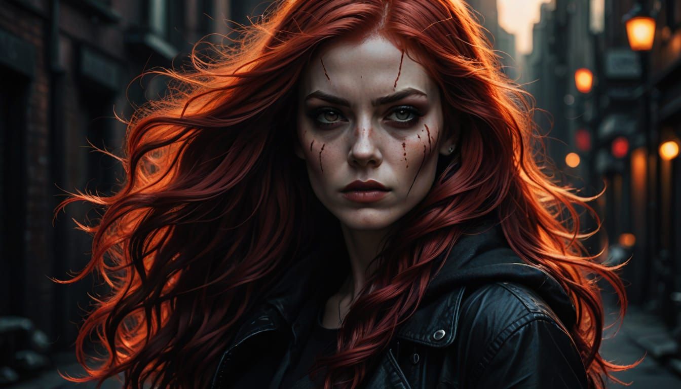 Crimson Locks: A Dramatic Digital Portrait in Golden Hour