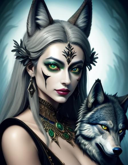 A Wolf woman with Wolf head,face and eyes dressed in extravagant clothes