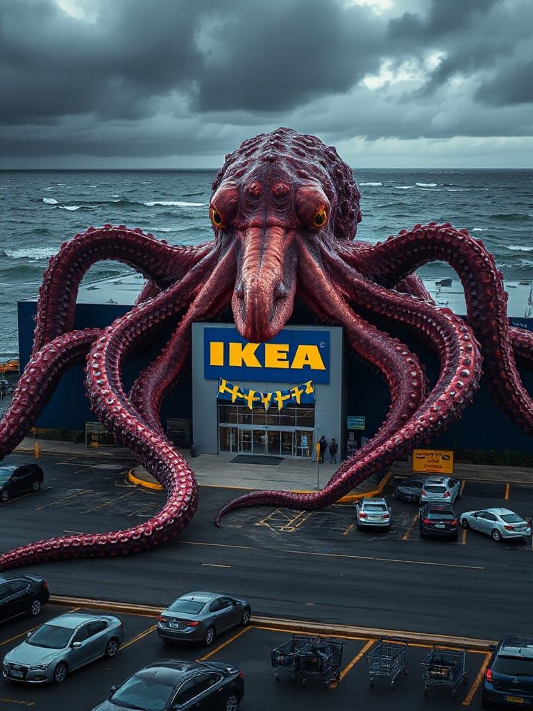 Giant Kraken Embracing IKEA Store in a Vibrant, Moody Scene