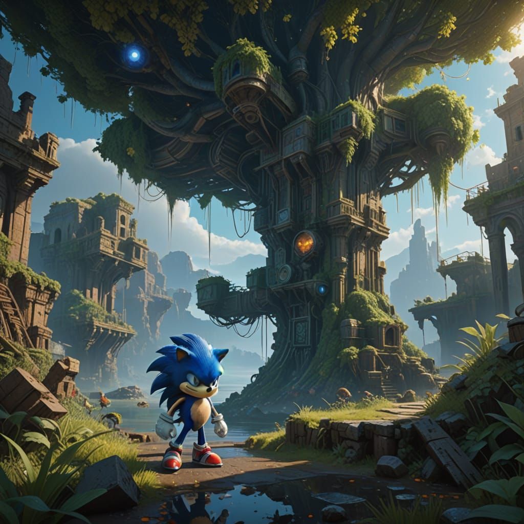 Sonic Hero in Vibrant Fantasy Realm