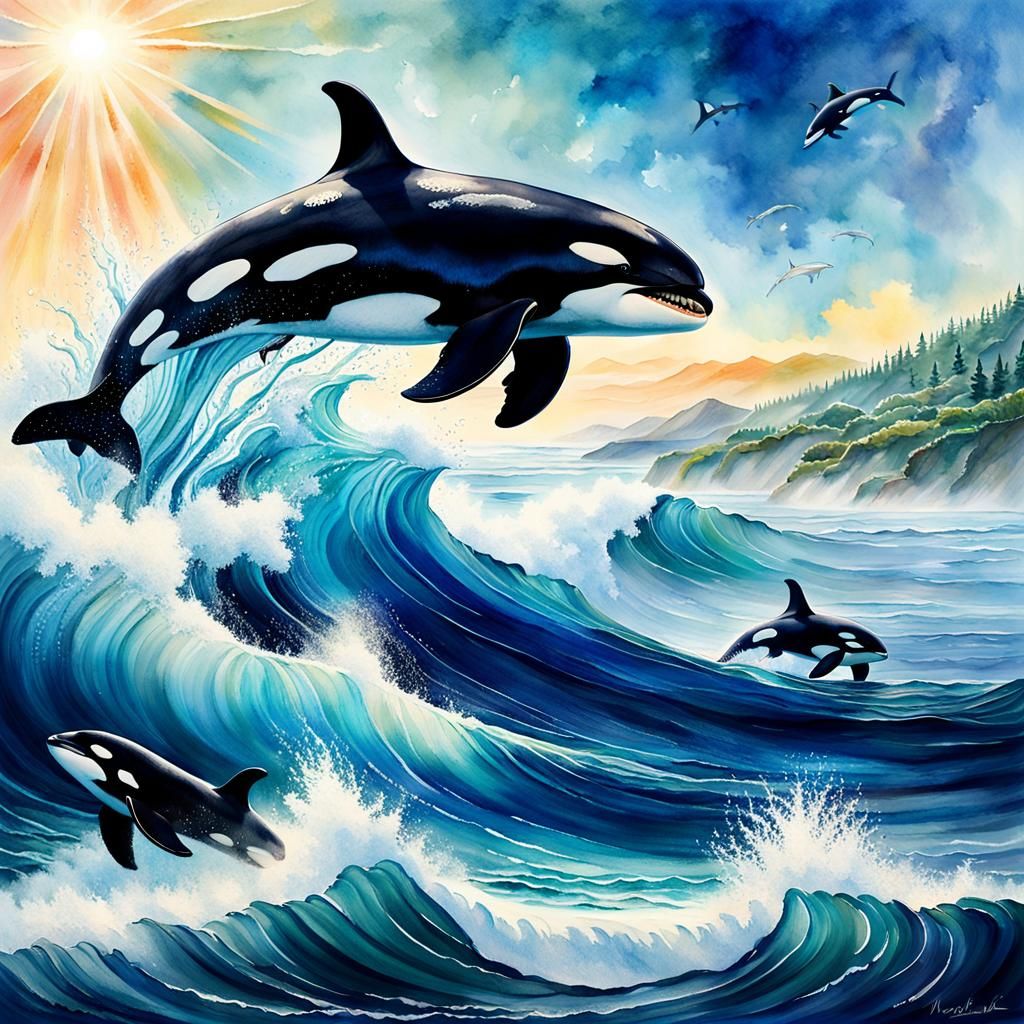 Majestic Orca in Serene Coastal Watercolor Painting