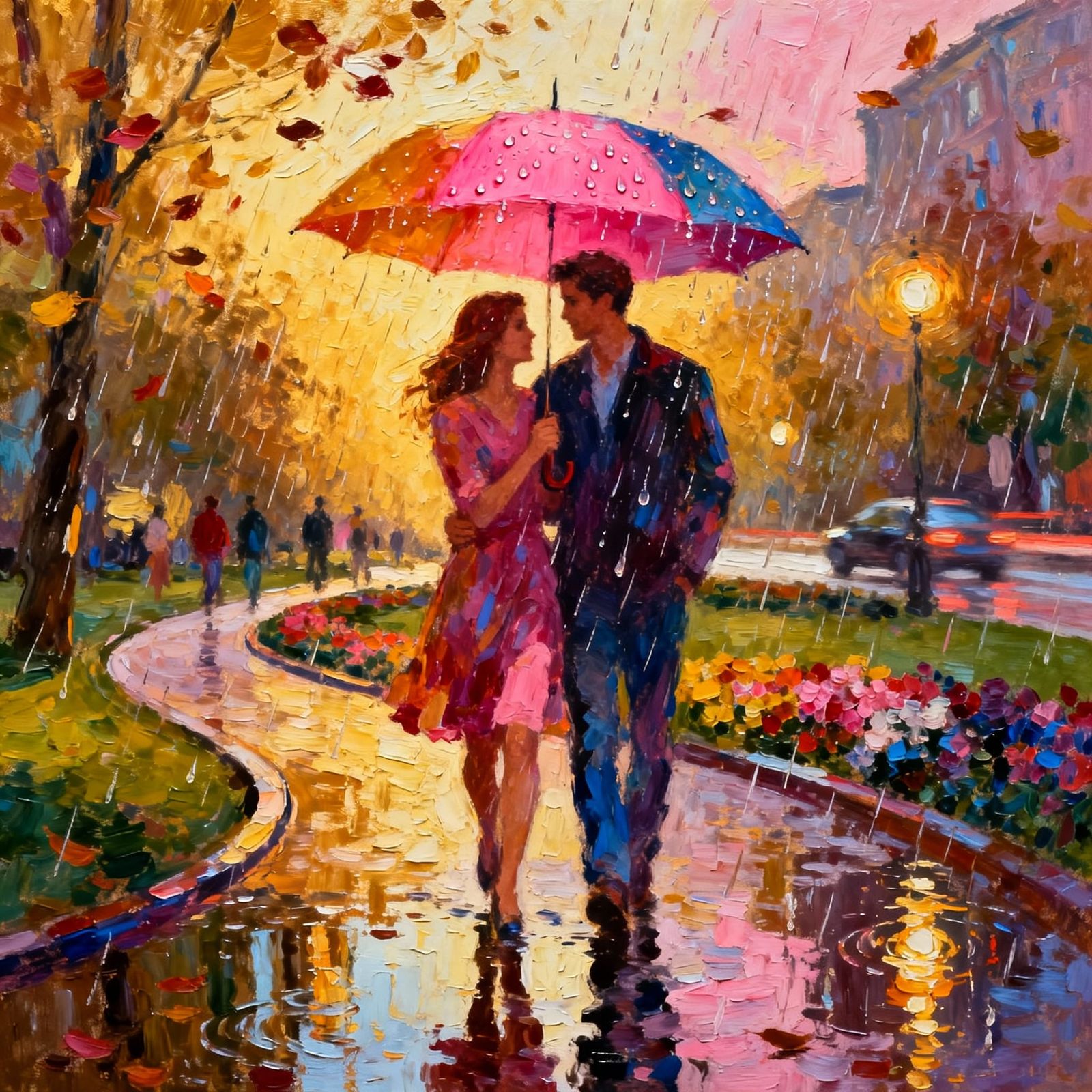 Couple Shares Umbrella in Colorful City Park