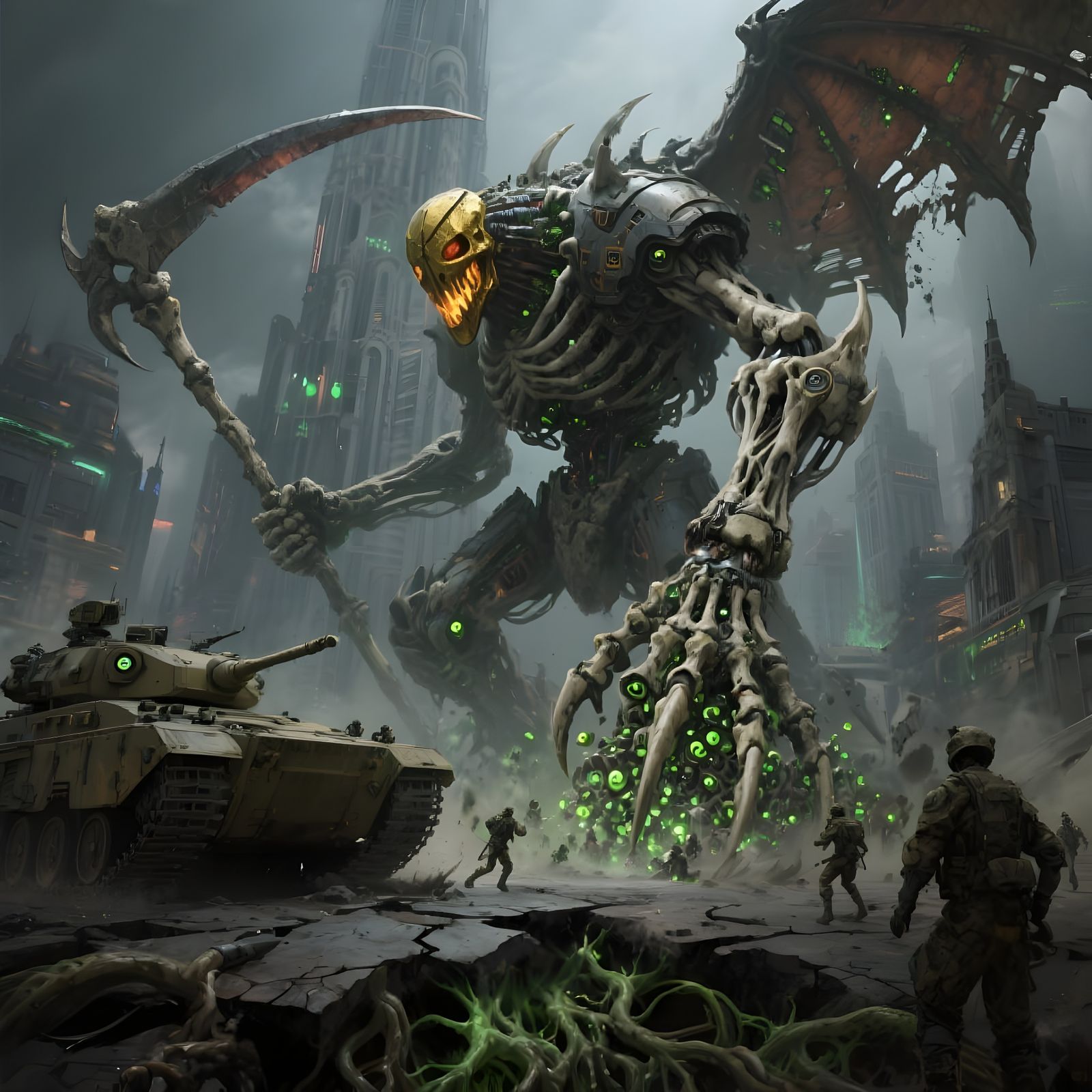 Grimdark Warbeast Crushes City in Warhammer 40K Style