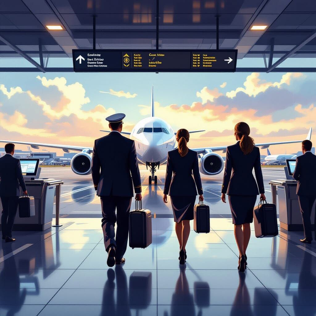 Airline Crew and Travelers at Busy Boarding Gate