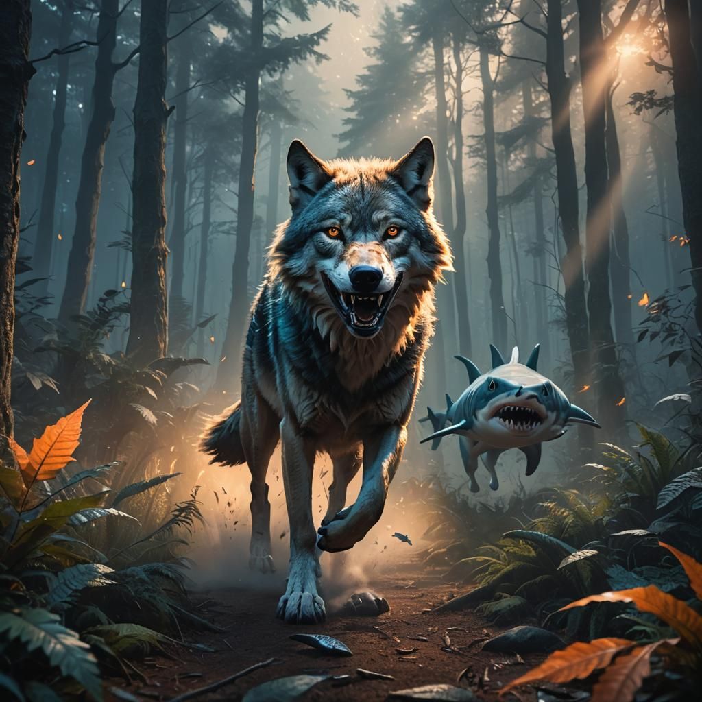 Wolf-Shark Pack in Mystical Forest Digital Art