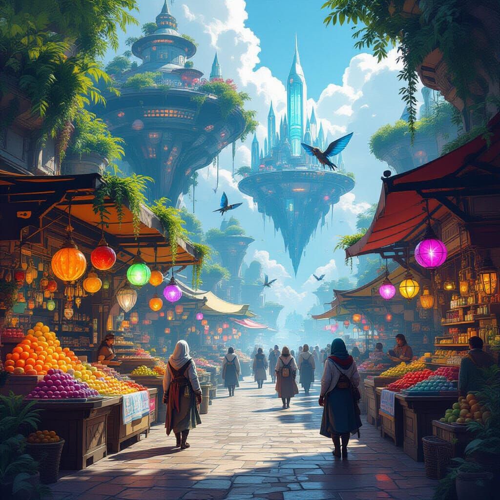 Floating Island Marketplace With Glowing Goods And Winged Cr...