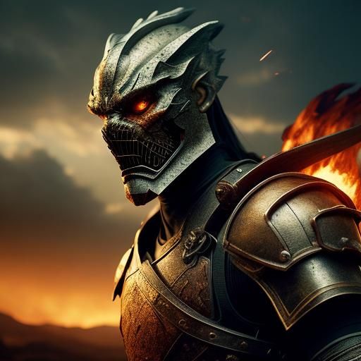 Warrior Faces Dragon in Fiery Landscape