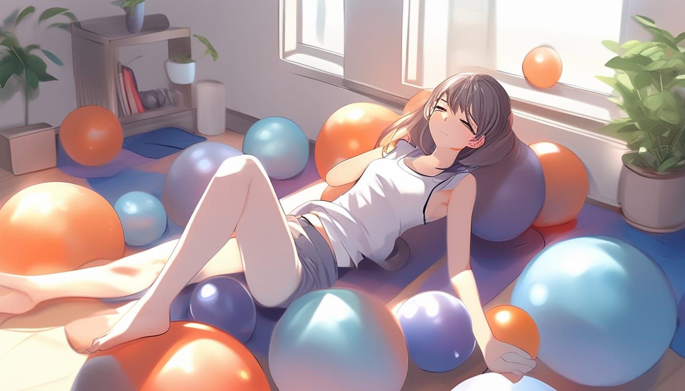 Girl on Yoga Ball in Anime Style
