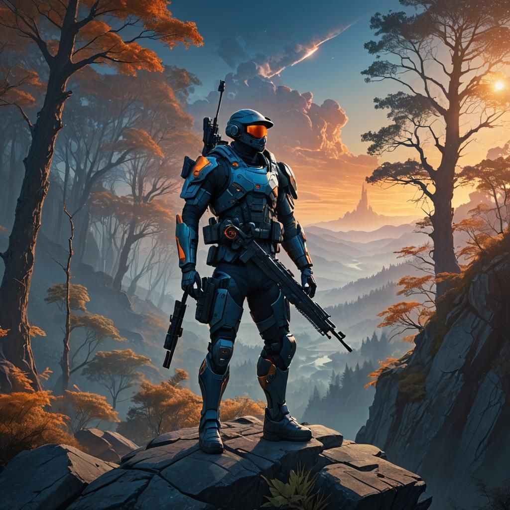 Futuristic Sniper Overlooking Mystical Forest