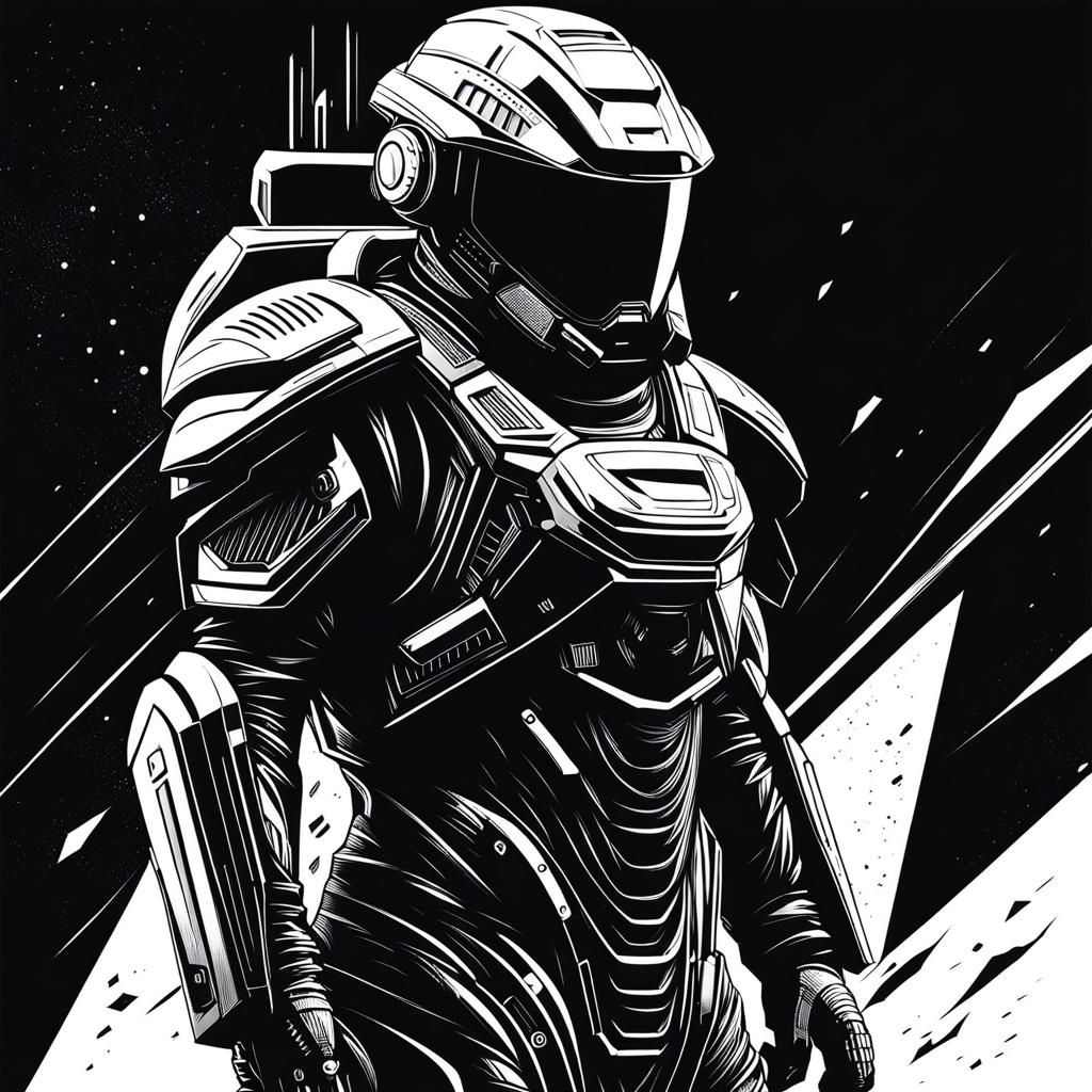 Futuristic Space Plunderer in Armored Vac Suit Drawing