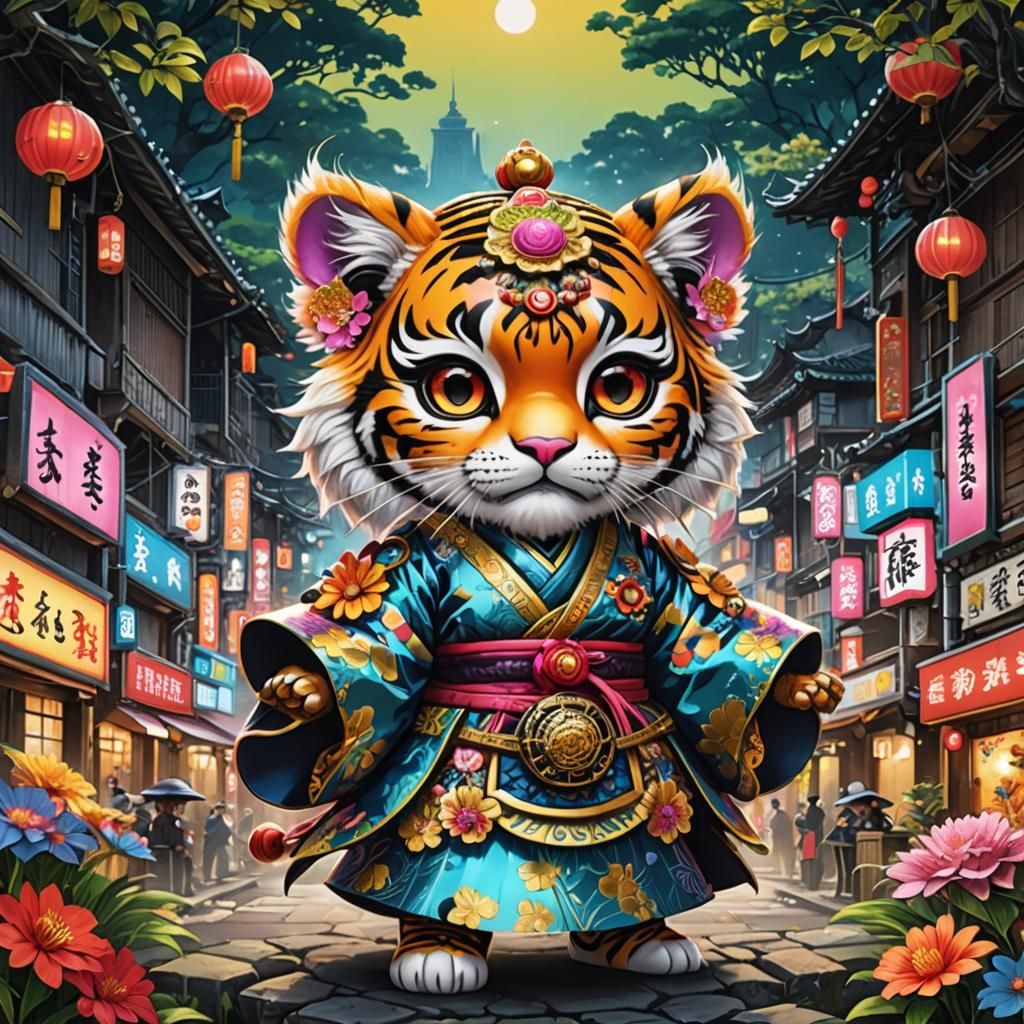 Tiger Geisha Girl: Chibi Art in Vaporwave Style