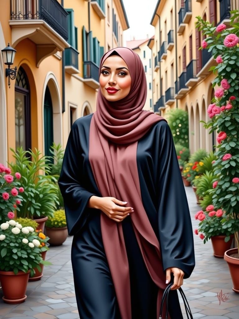 Beautiful Hijabi Woman Walking in a Lush City Garden