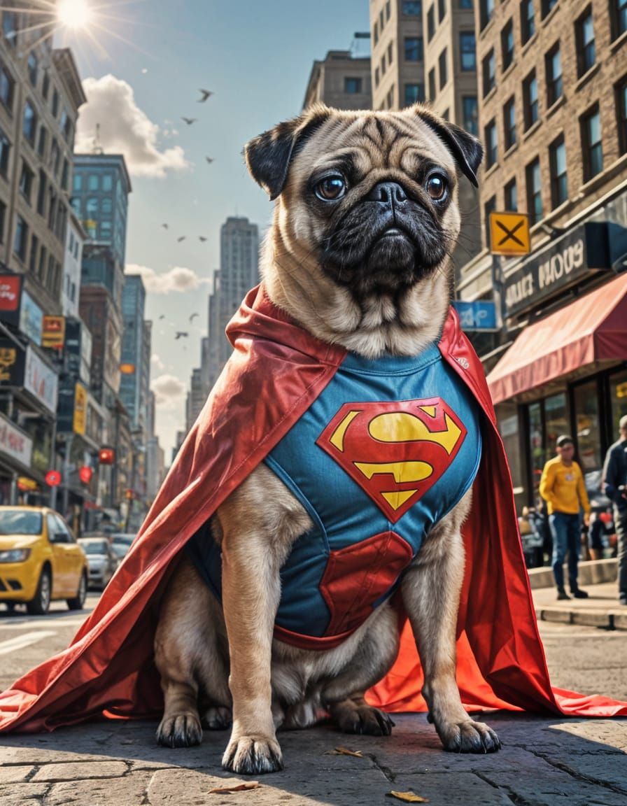 Pug Superhero in City Streets, Comic Book Style