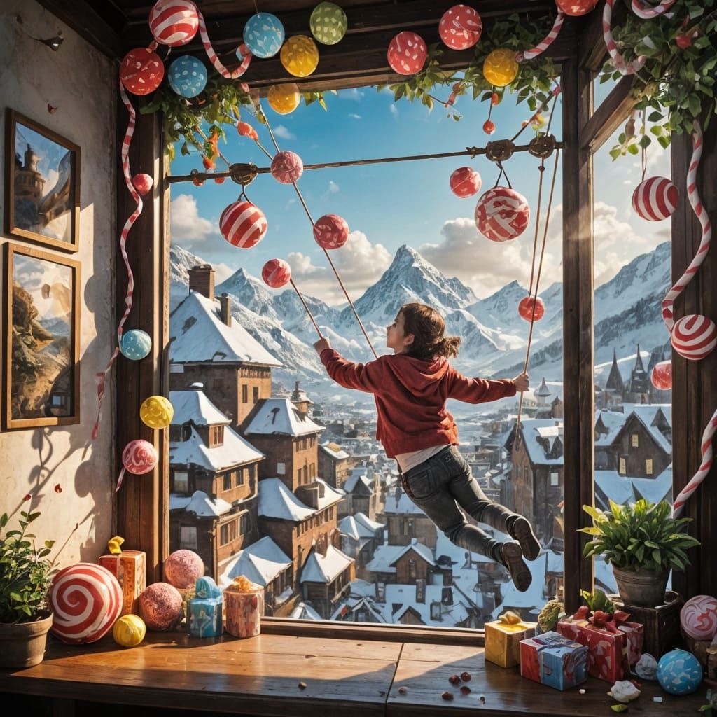 Child Ziplines into Vibrant Candy Wonderland