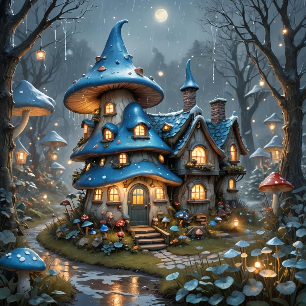 Gnome's Mushroom House in Rainy Landscape