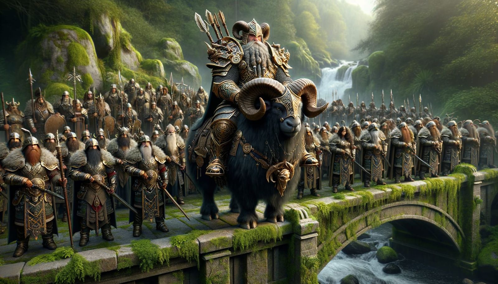 Dwarf Warrior Leading Armored Battalion on Stone Bridge