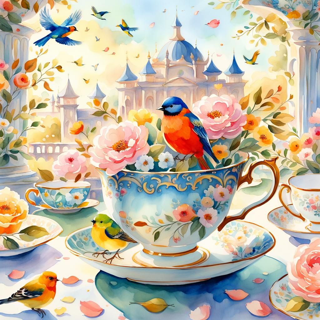Majestic Palace Scenery Inside Teacup Watercolor