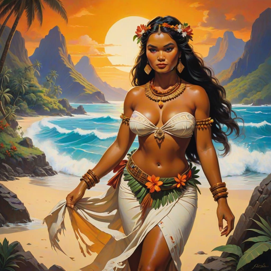 Elegant Samoan Maiden in Traditional Attire, Frazetta-Style ...