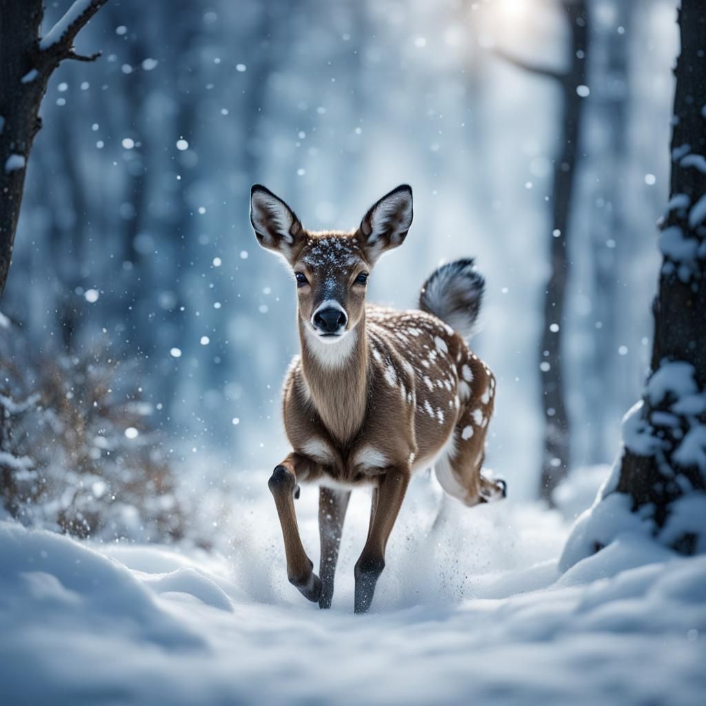 Blue Fawn Runs Through Winter Forest