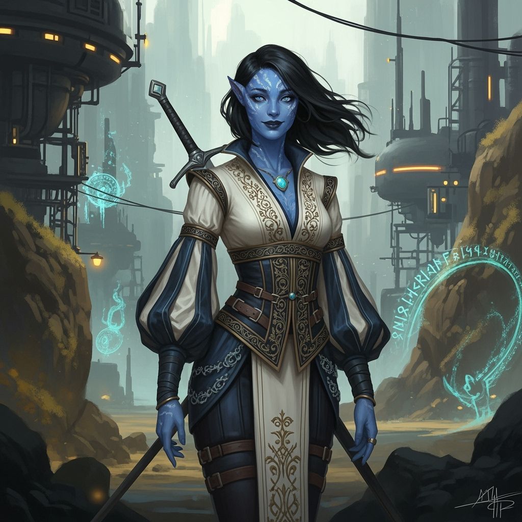 Air Genasi Sorceress in Retro-Futuristic Landscape