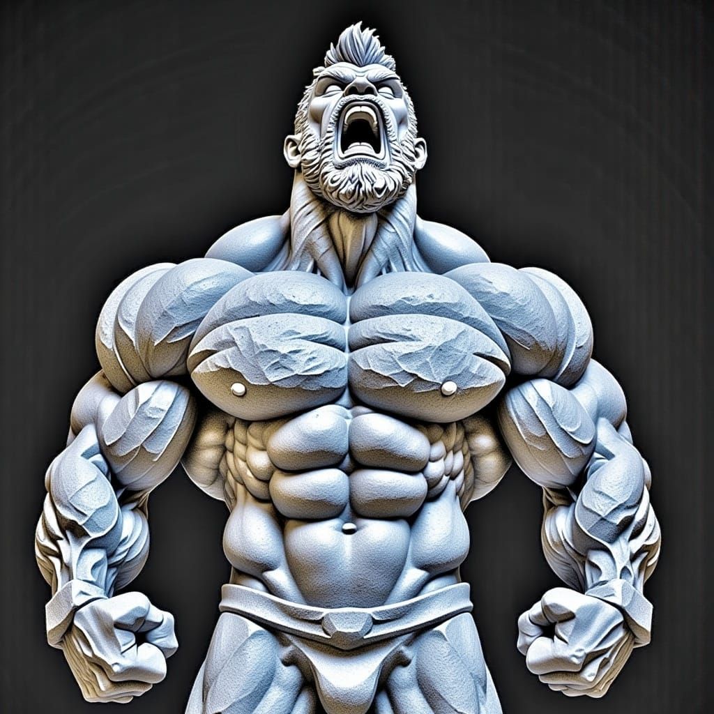 Sculpture of a Muscular Bodybuilder in White Granite