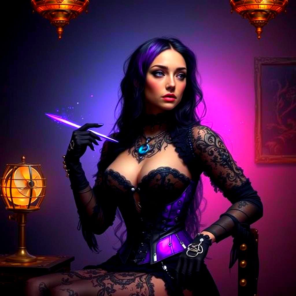 Gothic Woman in Steampunk Room with Neon Lighting
