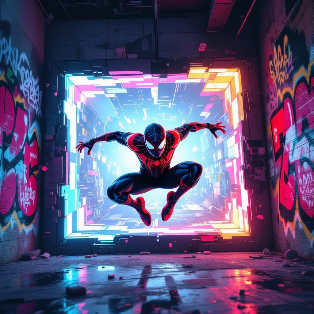 Spider-Man Enters Vibrant Portal in Surreal Graffiti Style