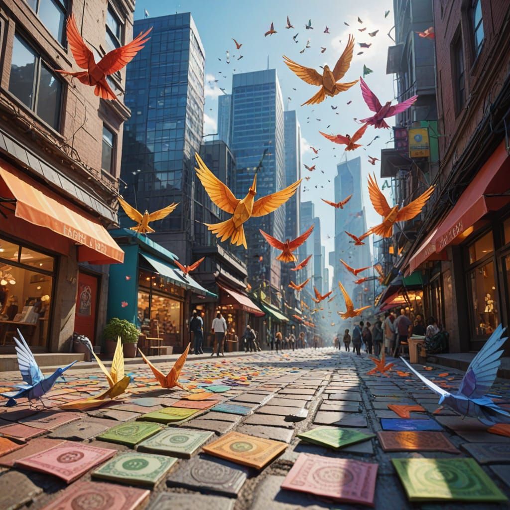 Paper Money Marketplace Cityscape with Origami Birds