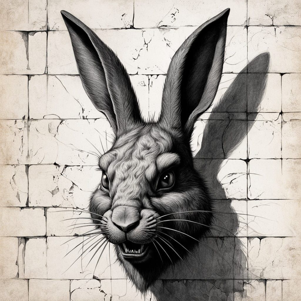 Realistic Shadow Rabbit with Spiked Teeth Charcoal Drawing
