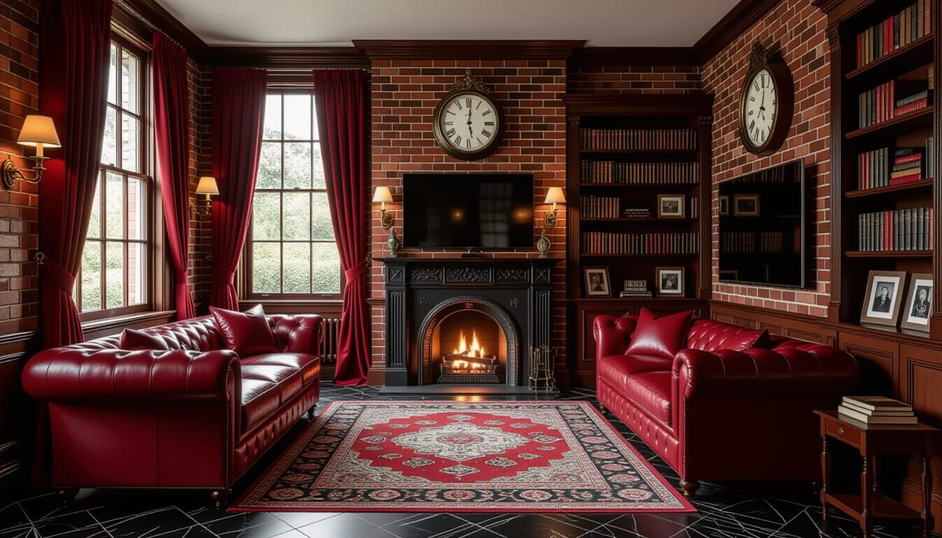 Victorian Living Room with Fireplace and Sofa in Oil Paintin...