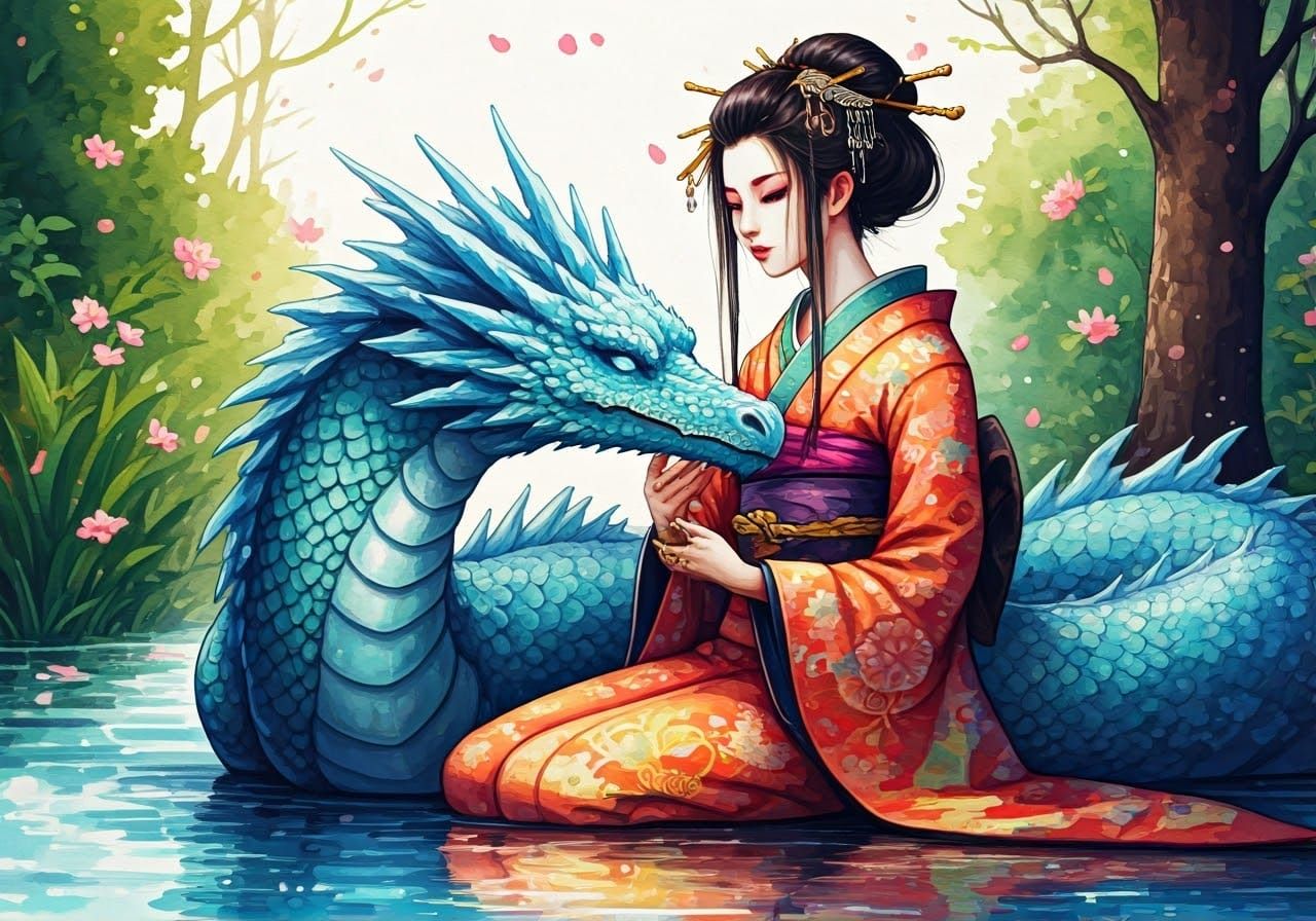 Geisha and Dragon by Riverside in Japanese Art Style