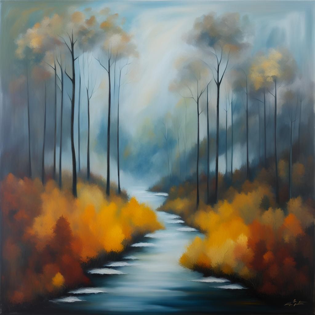 Foggy Autumn Forest Landscape as Oil Painting