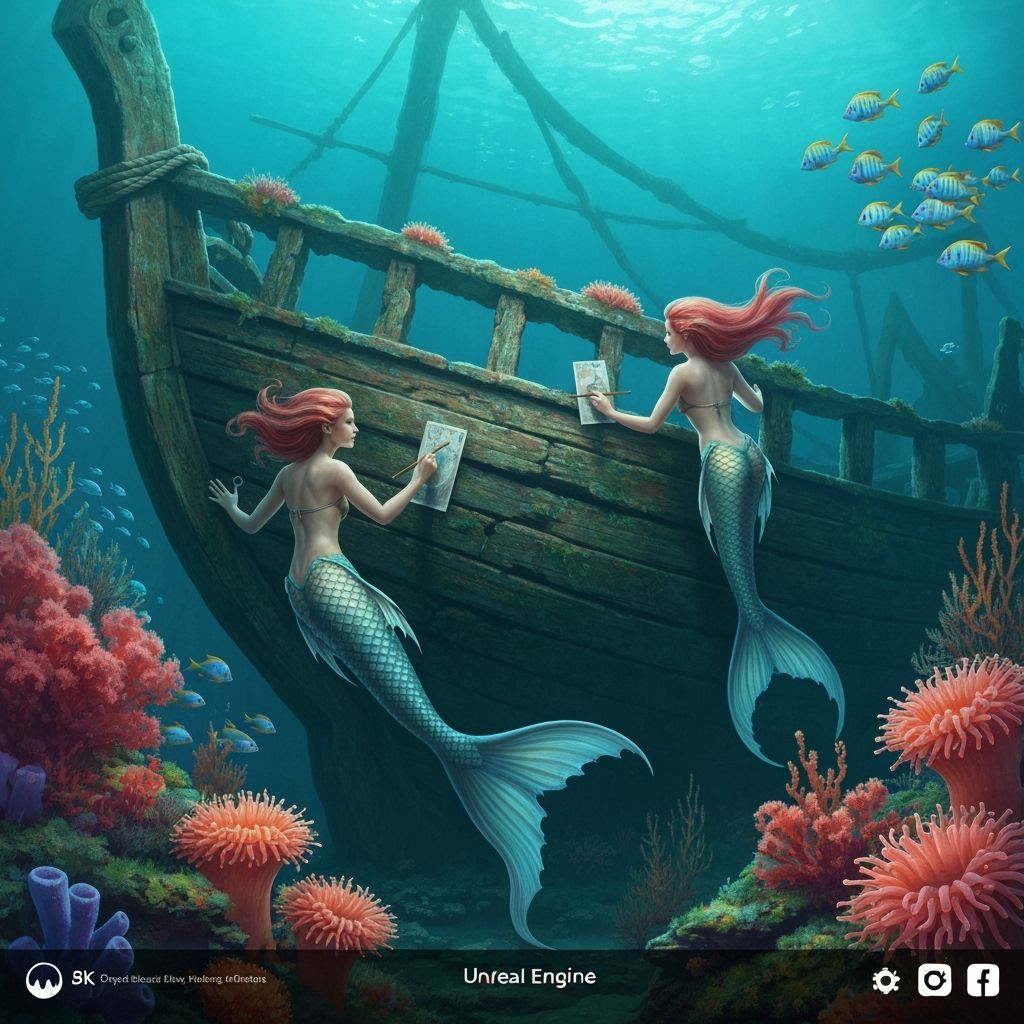 Mermaids Painting Sunken Shipwreck in Detailed Matte Style