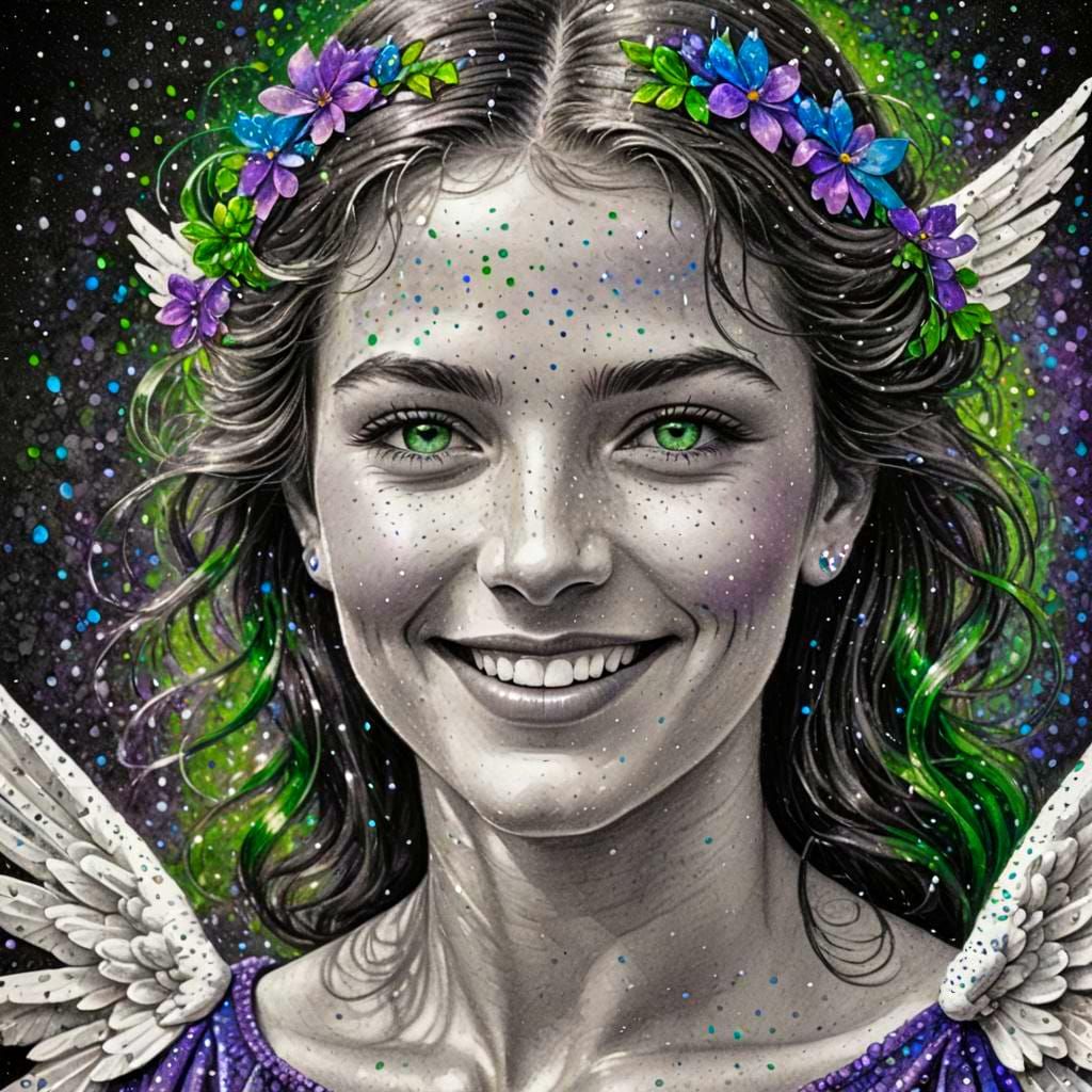 Pointillism Portrait of a Vibrant Angel with Green Eyes